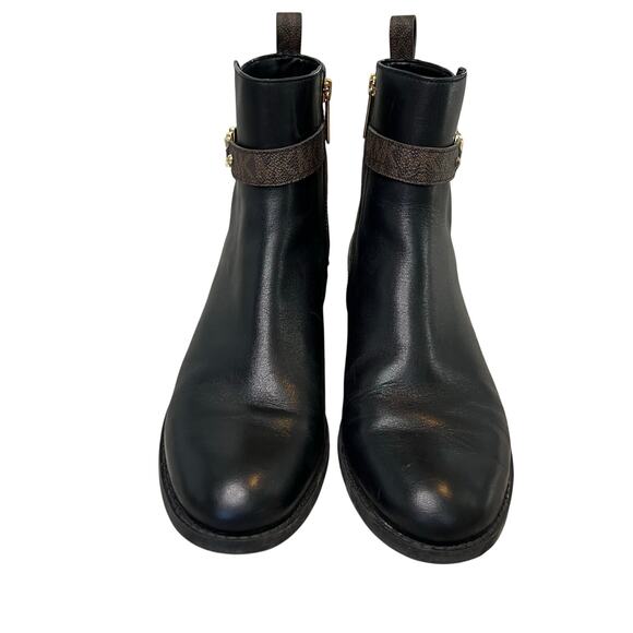 Michael Kors Farrah Flat Black Leather Gold Logo Ankle Boot 8.5 - Picture 2 of 8